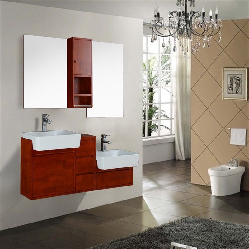 简约实木浴室柜吊柜双人高低洗脸盆柜组合挂墙式洗手池台上盆7092