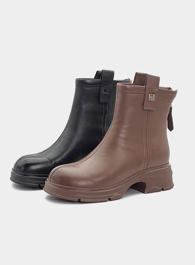 2024a冬季新款加绒粗跟厚底羊皮增高通勤短靴女简约百搭时尚瘦瘦