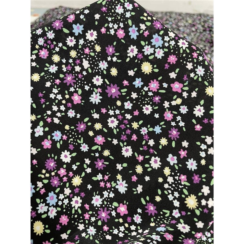 D516夏季黑底紫色小碎花雪纺布头 柔软垂坠透气连衣裙上衣diy面料