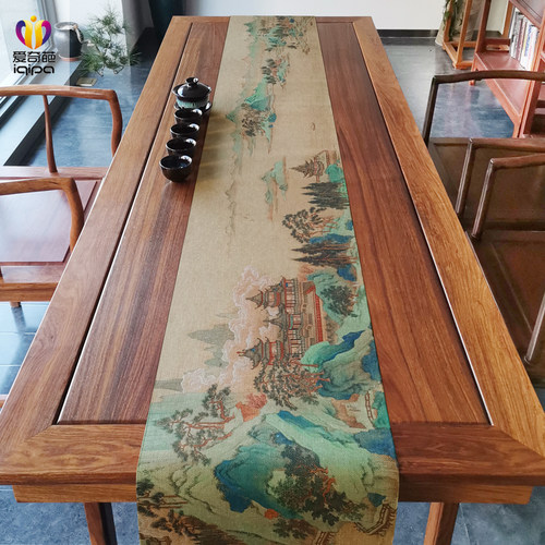 苓岩绮阁图茶席中式禅意棉麻布艺茶桌布红木长P条垫子防水桌旗茶