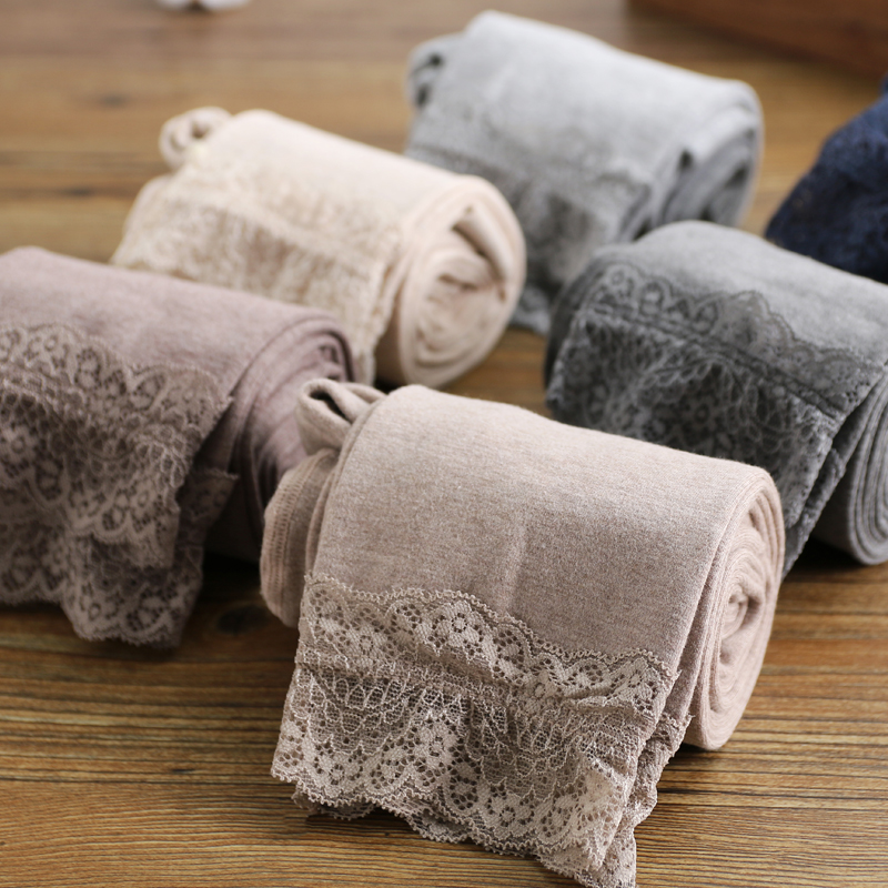 春秋季奶咖色九分打底裤女外穿棉蕾丝花边打底裤弹力显瘦日系裤袜