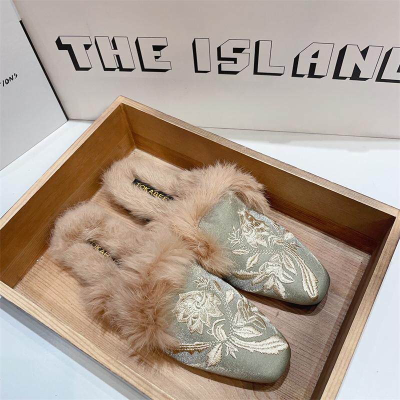2026秋冬新款新中式兔毛毛鞋懒人棉拖鞋子女一脚蹬加绒半托穆勒鞋