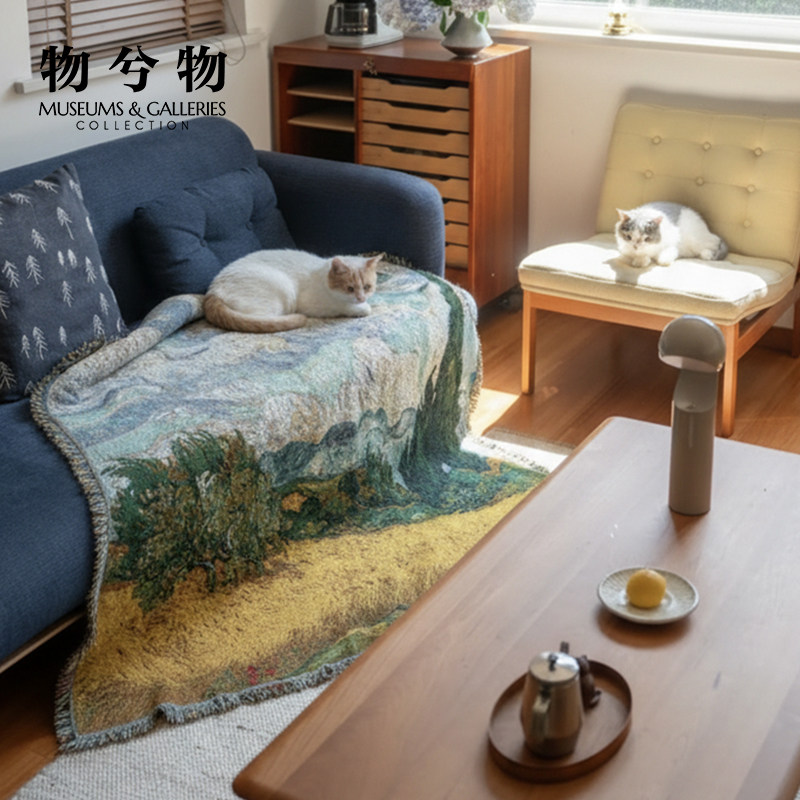 致敬大师麦田与柏树提花线毯盖毯