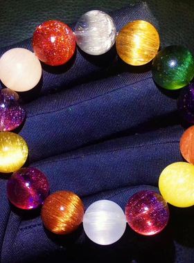 15-16mm水晶多宝手链 草莓晶铜发晶超七紫发白兔毛绿发晶银钛单珠