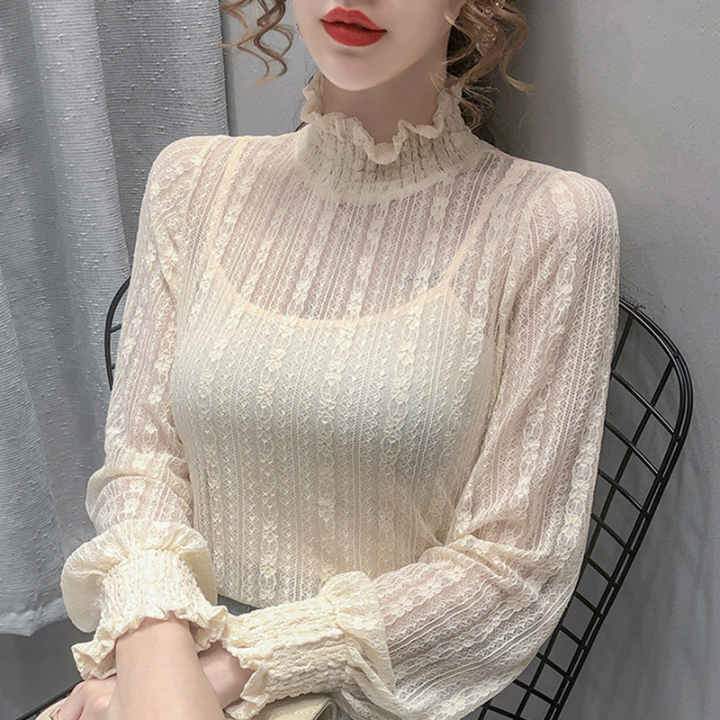 高领蕾丝打底衫女秋冬精致内搭2020秋季新款时尚小衫洋气网纱上衣