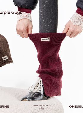 purpleguys羊毛堆堆袜套女冬季加厚保暖本命年红色针织开叉小腿套