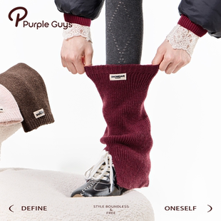 purpleguys羊毛堆堆袜套女冬季 加厚保暖本命年红色针织开叉小腿套