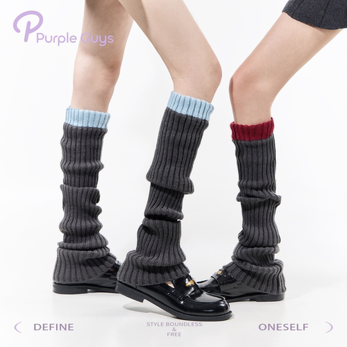 purpleguys撞色针织袜套女冬加厚保暖jk学院风拼接灰色堆堆小腿套