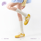 purpleguys个性 破洞针织小腿袜子女初秋竖条纹长筒乞丐白色堆堆袜