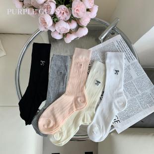 purpleguys芭蕾风袜子女夏季 透气小腿中筒袜 蝴蝶结堆堆袜纯棉薄款