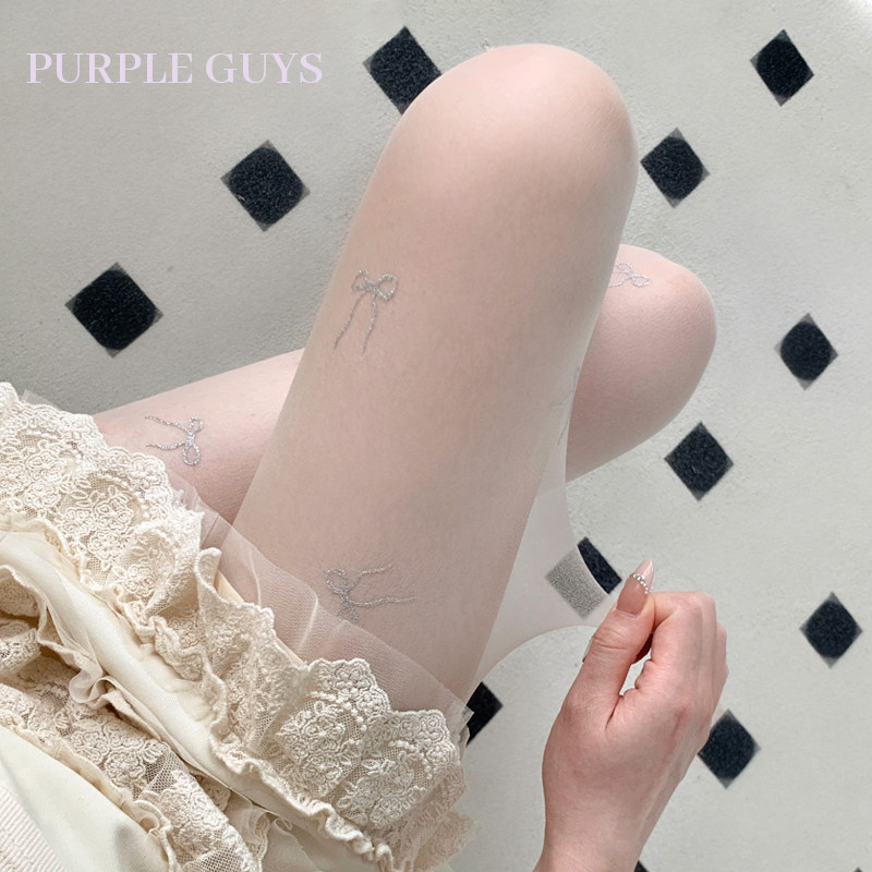 purpleguys蝴蝶结白色丝袜甜美烫钻印花打底袜纯欲显瘦黑丝连裤袜