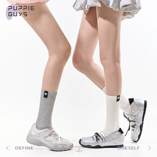 purpleguys白色中筒袜子女秋jk芭蕾风miu系爱心标签堆堆无骨棉袜