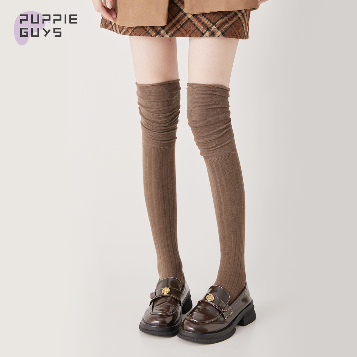 白色过膝堆堆拼接长筒袜