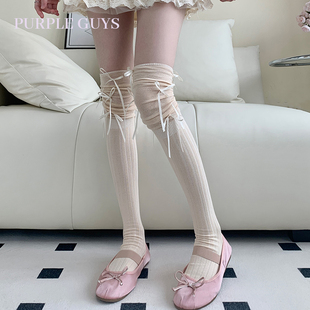 purpleguys芭蕾风蝴蝶结绑带中长筒袜少女堆堆袜小腿袜过膝靴子袜