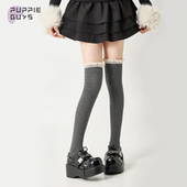 purpleguys蕾丝花边过膝袜子女秋冬日系JK灰色保暖麻花高筒大腿袜