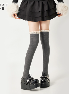 purpleguys蕾丝花边过膝袜子女秋冬日系JK灰色保暖麻花高筒大腿袜