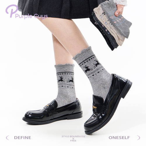 purpleguys学院风泡泡口袜子女2025新款冬灰色费尔岛羊毛中筒袜