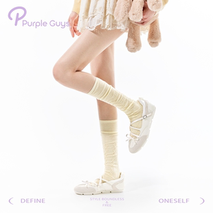 purpleguys黄色袜子女夏薄款 早春纯色菱格竖纹显瘦纯棉小腿堆堆袜