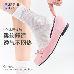 purpleguys白色中筒袜子少女夏薄款 透气jk芭蕾风立体蝴蝶结堆堆袜