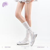 purpleguys白色小腿袜子女夏薄款 透气花边菱格镂空jk芭蕾风堆堆袜