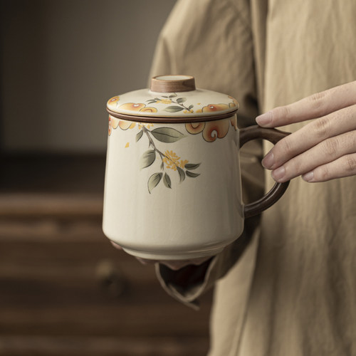 米黄汝窑茶水分离茶杯礼盒装定制