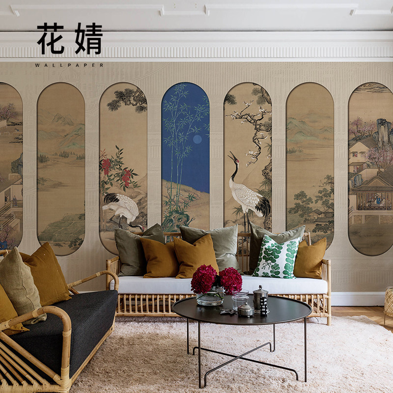 新中式仙鹤中国风高端墙布客厅卧室无纺布墙纸定制电视背景墙壁纸,家装主材,定制壁画,淘宝优惠券,粉丝福利购,淘宝优惠卷