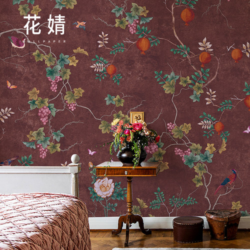 花婧花鸟复古背景墙壁纸壁布定制