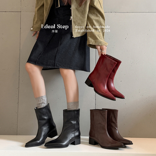 IDEAL STEP韩版尖头粗跟女冬复古风短靴真皮中跟休闲时装靴踝靴