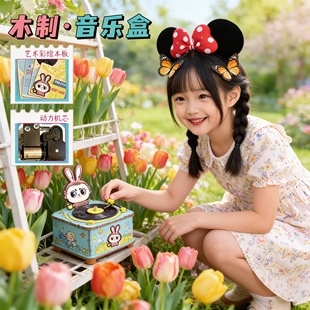 DIY木质音乐盒兔子卡通八音盒动力机芯无需电池儿童玩具