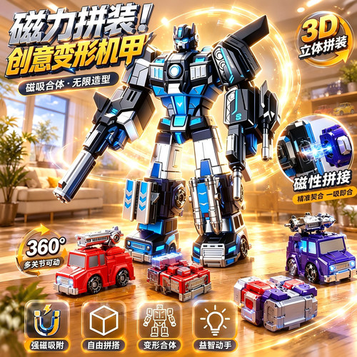 磁吸机器人拼装积木工程警察车小学生变形玩具男孩子儿童生日礼物