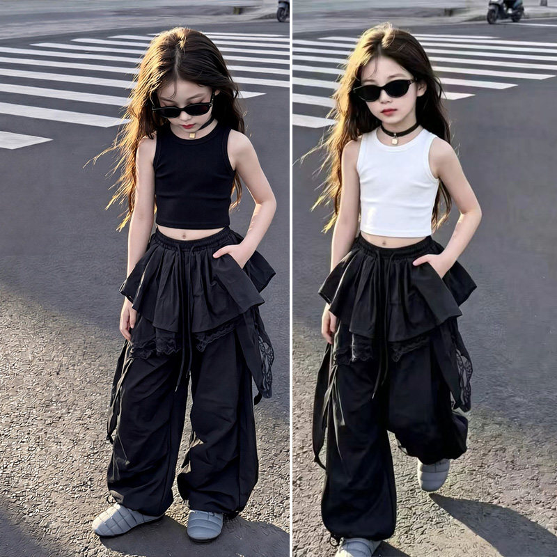 女童爵士舞服装黑色背心套装时髦潮酷少儿kpop舞蹈练功服街舞表演图片