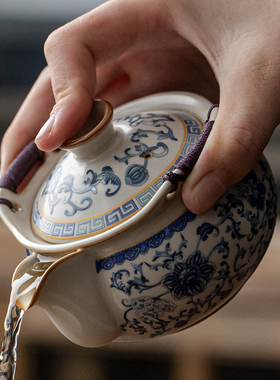 米黄汝窑带盖手抓壶单个家用泡茶青花珐琅彩高档茶杯陶瓷功夫茶具