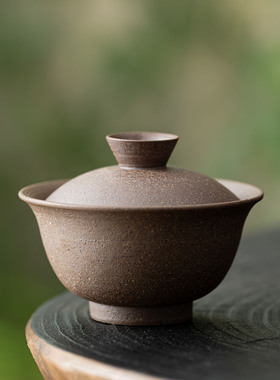 老岩泥粗陶二才盖碗茶杯可悬停旋转陶瓷单个高档复古茶杯泡茶碗具