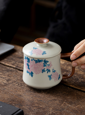 汝窑芙蓉花陶瓷水杯大容量办公杯家用马克杯带盖茶杯定制伴手礼物
