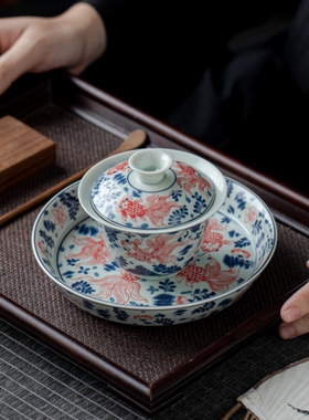 复古青花陶瓷悬停三才盖碗壶承款泡茶手抓茶杯单个功夫茶器具套装