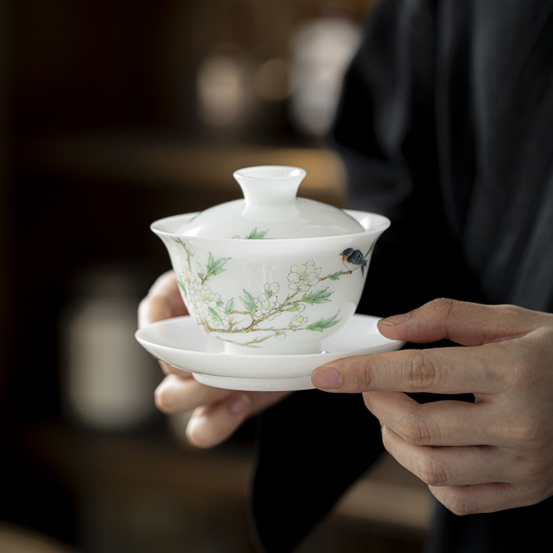 手绘冰种三才盖碗茶杯不烫手羊脂玉三件套白瓷泡茶碗陶瓷功夫茶具