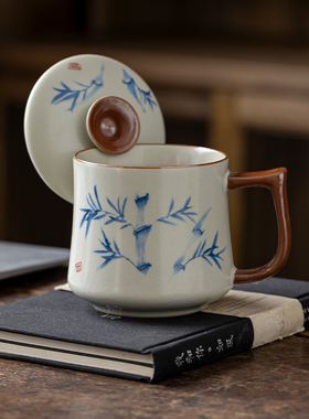 汝窑竹子马克杯陶瓷带盖茶杯办公室水杯大容量喝茶杯子咖啡杯茶具