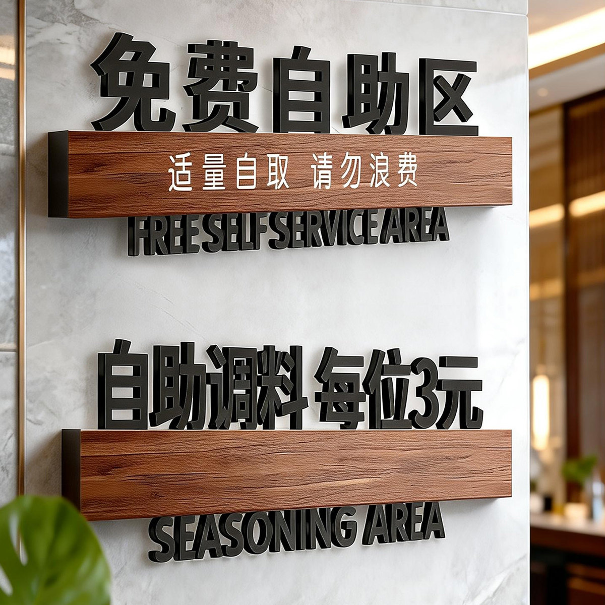 免费自助区请自觉排队自助料调区餐具已消毒碗筷请自取标识牌WiFi内有监控空调开放胡桃木底座温馨提示牌定制 - 实物图