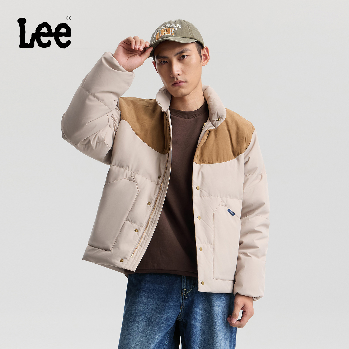 Lee商场同款25秋冬新品舒适版立领拼接面料设计男羽绒服保暖双色