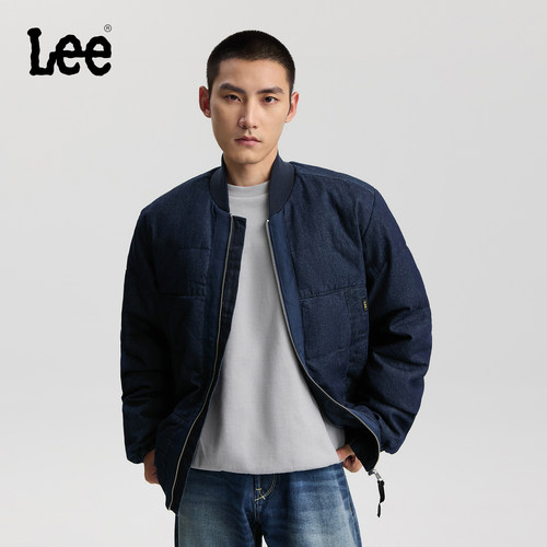 Lee商场同款25秋冬新品舒适版棒球领深蓝色男飞行夹克羽绒服潮流
