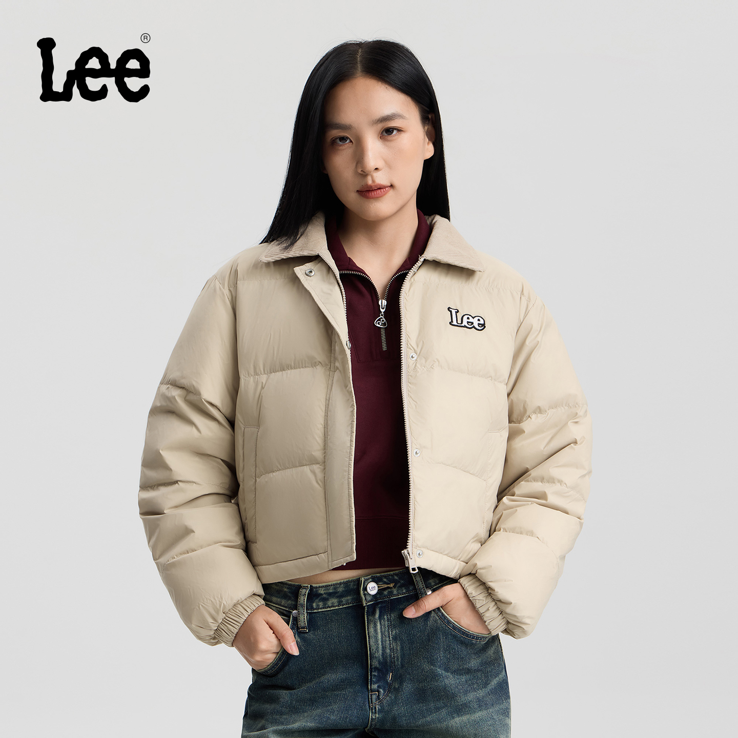 Lee商场同款25秋冬新品舒适版灯芯绒翻领拼接卡其色女短款羽绒服