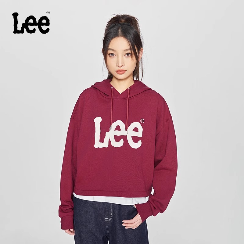 Lee商场同款25早春新品舒适版大Logo印花女短款连帽长袖卫衣休闲