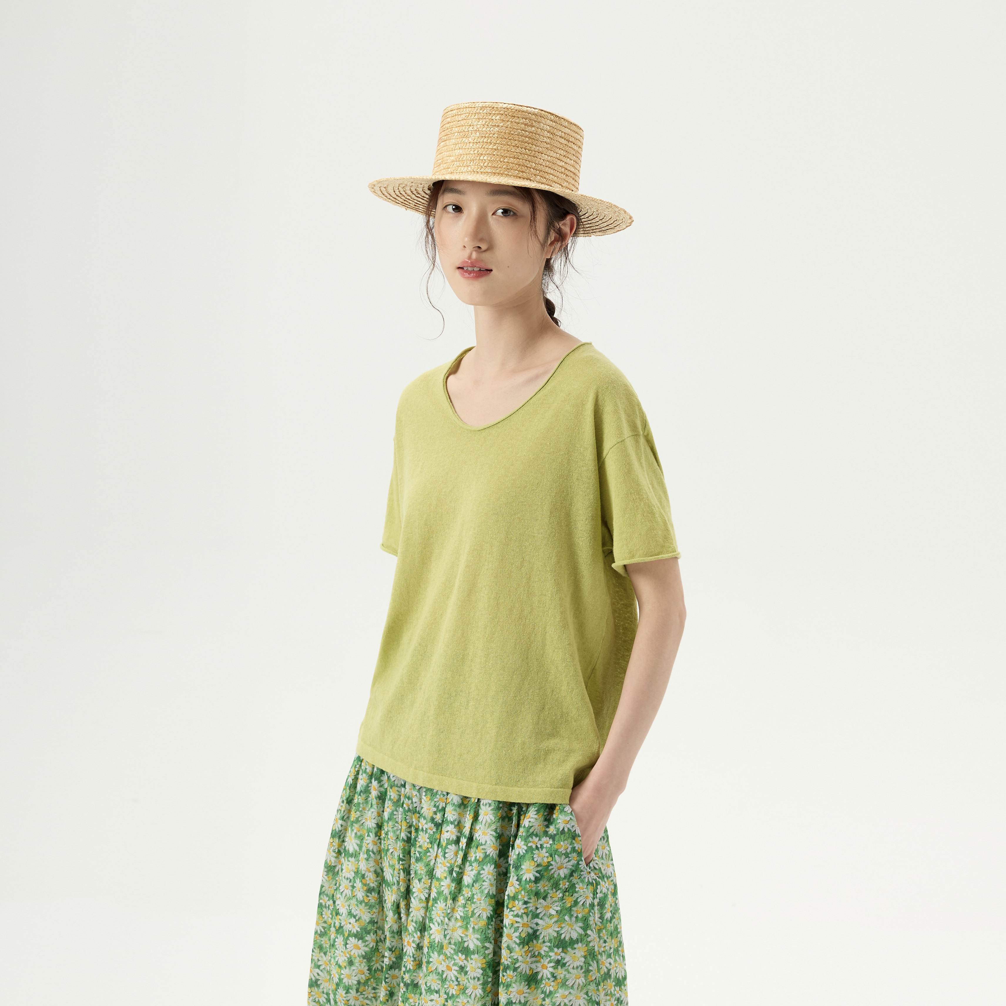 复述青柠色清爽亚麻棉U领短袖上衣 夏季落肩袖短袖休闲风针织T恤