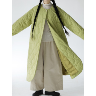 复述清新果绿色葫芦绗棉【轻/暖】单排扣长款宽松保暖棉服长大衣