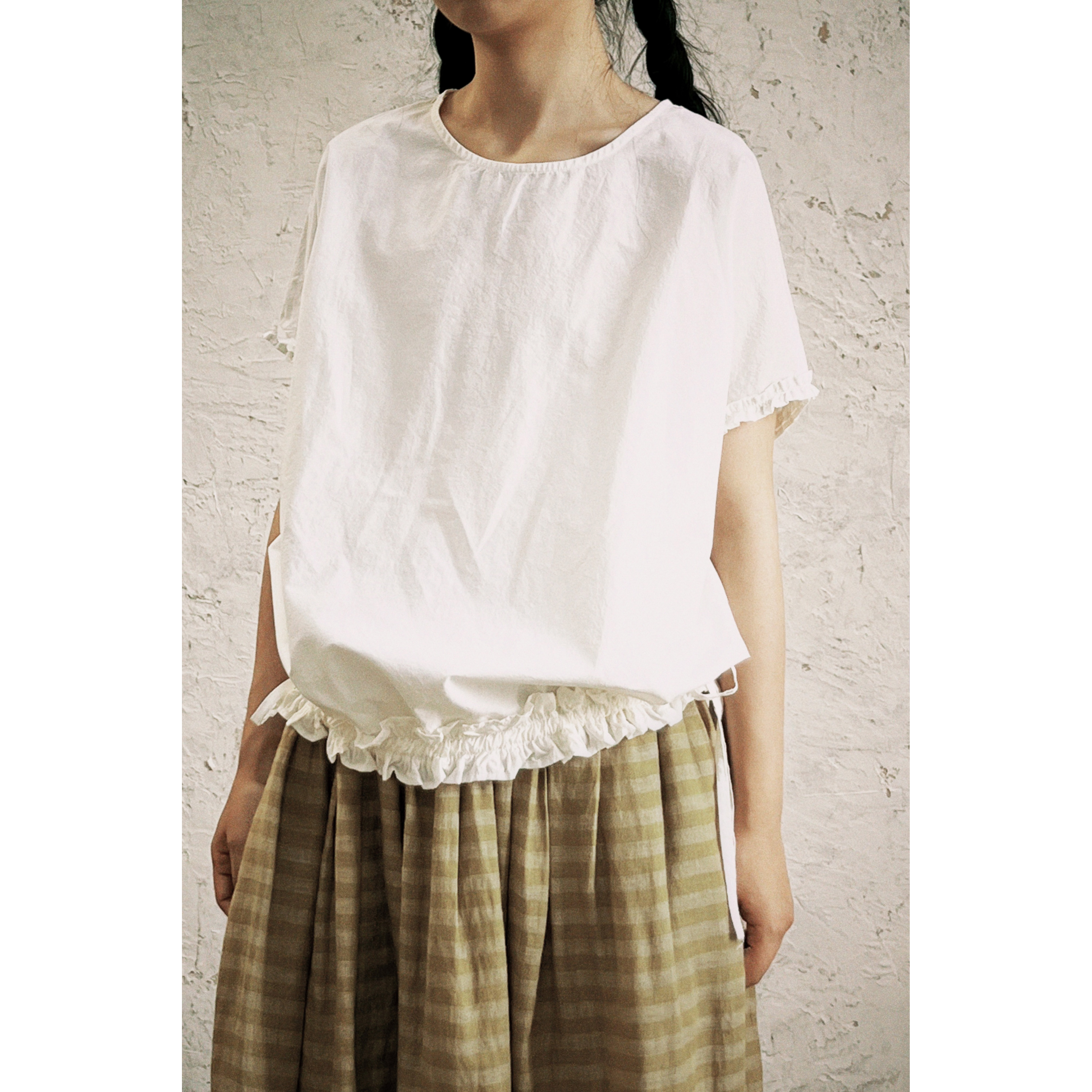 复述GAO密棉爽脆肌理感小衫 白色木耳边下摆花边可抽绳衬衫上衣