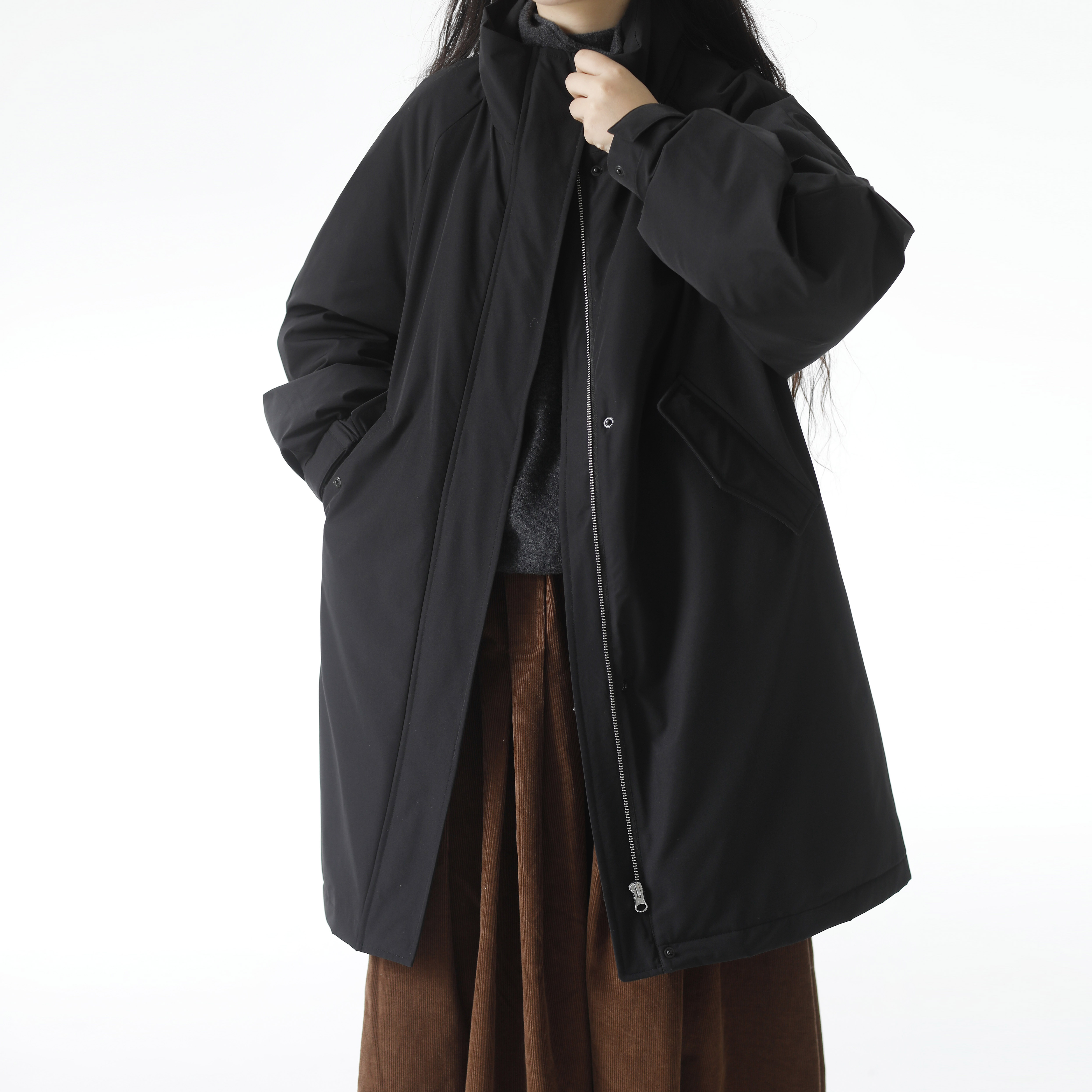 复述立领加厚深黑防风风衣外套 冬款中长款鹅绒保暖风衣式羽绒服