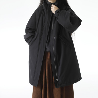 复述立领加厚深黑防风风衣外套 冬款中长款鹅绒保暖风衣式羽绒服