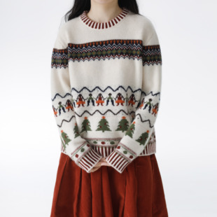 复述柔糯浣熊羊毛 节日圣诞树小人提花宽松型圆领文艺费尔岛毛衣