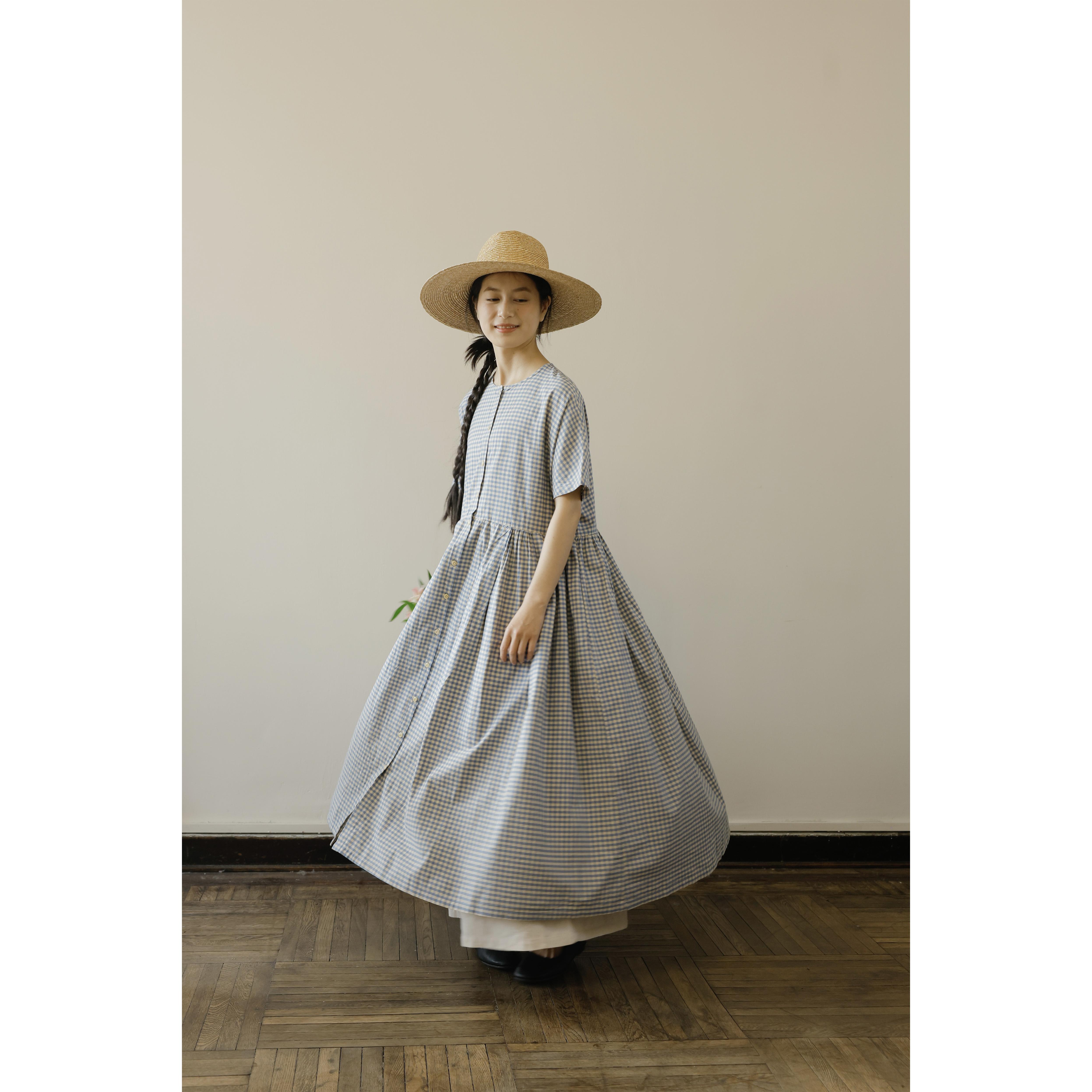 复述棉质蓝米色织格 温柔风蓬软短袖连衣裙大摆长裙
