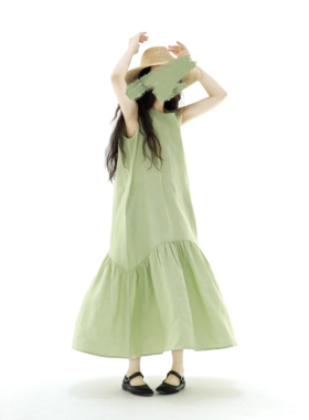 复述人丝亚麻小清新绿色无袖连衣裙干爽挺括感浅葱绿鱼尾背心裙女